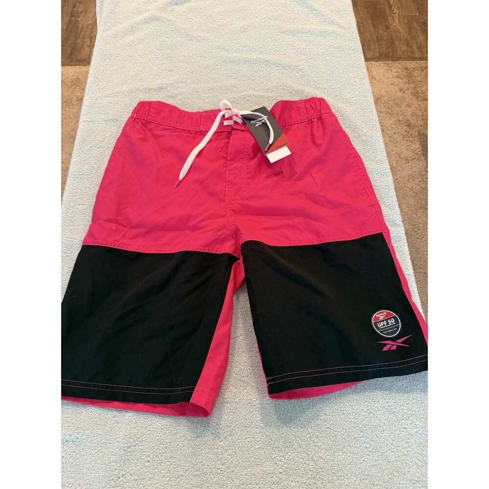 Reebok Swim Trunks Boys M Colorblock Pink Black UPF 50 Mesh Lining Free Shipping